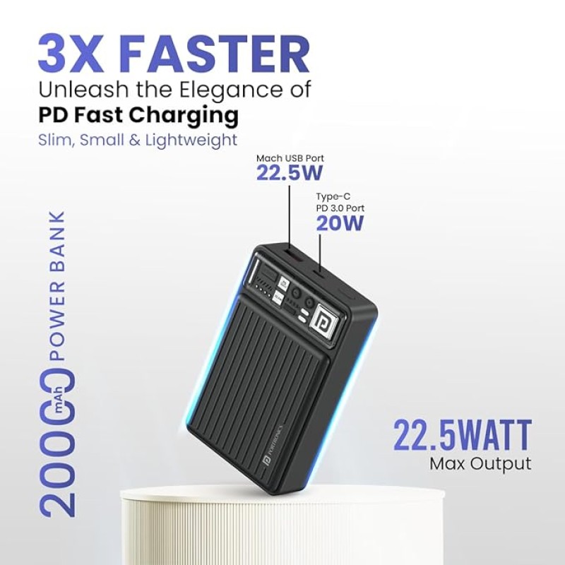 Portronics Luxcell Mini 20K Advanced 20000 mAh Smallest Power Bank with 22.5W Max Output, LED Indicator, Mach USB-A Output, Type C PD Output, Type C Input, Wake Up Button(Black) Portronics Luxcell Mini 20K Advanced 20000 mAh Smallest Power Bank with 22.5W Max Output, LED Indicator, Mach USB-A Output, Type C PD Output, Type C Input, Wake Up Button(Black)