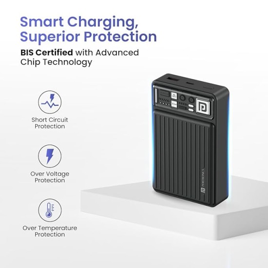 Portronics Luxcell Mini 20K Advanced 20000 mAh Smallest Power Bank with 22.5W Max Output, LED Indicator, Mach USB-A Output, Type C PD Output, Type C Input, Wake Up Button(Black) Portronics Luxcell Mini 20K Advanced 20000 mAh Smallest Power Bank with 22.5W Max Output, LED Indicator, Mach USB-A Output, Type C PD Output, Type C Input, Wake Up Button(Black)