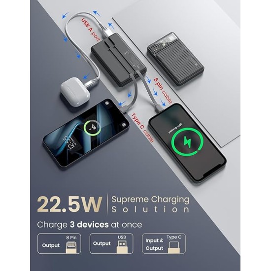 Portronics Luxcell Bind Mini 10k 10000mAh Nano Powerbank with 22.5W Fast Charging, in-Built Type C PD(Input & Output) /8 Pin Cable, LED Indicator, USB-A Mach Output, Compatible with Smartphones