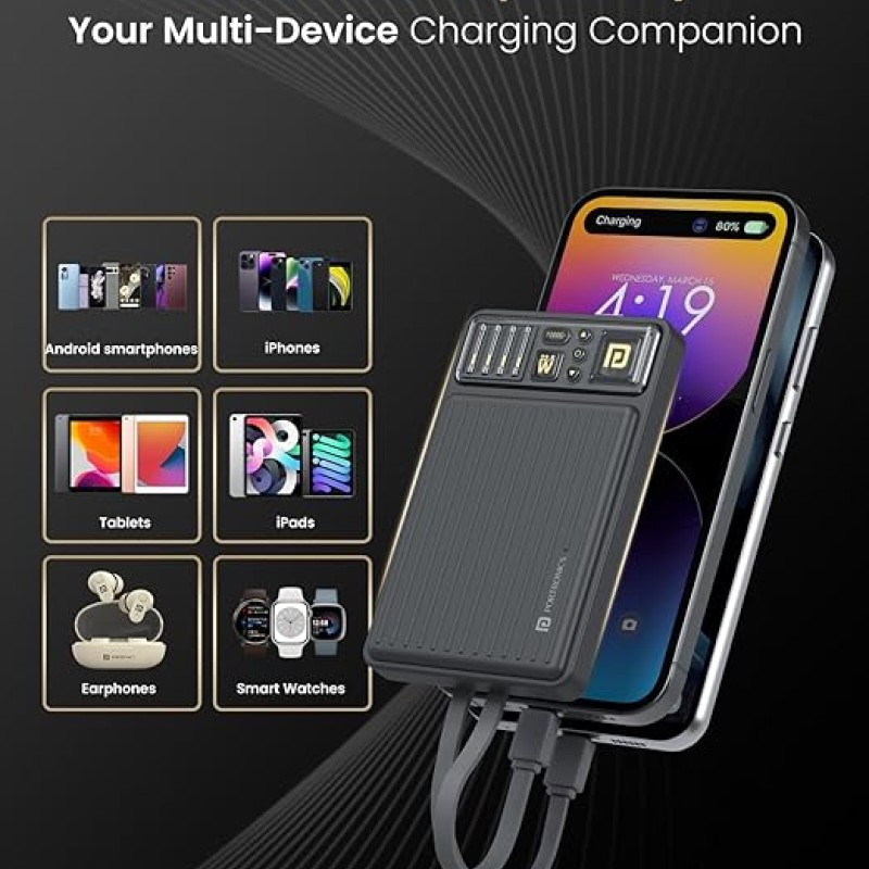 Portronics Luxcell Bind Mini 10k 10000mAh Nano Powerbank with 22.5W Fast Charging, in-Built Type C PD(Input & Output) /8 Pin Cable, LED Indicator, USB-A Mach Output, Compatible with Smartphones Portronics Luxcell Bind Mini 10k 10000mAh Nano Powerbank with 22.5W Fast Charging, in-Built Type C PD(Input & Output) /8 Pin Cable, LED Indicator, USB-A Mach Output, Compatible with Smartphones