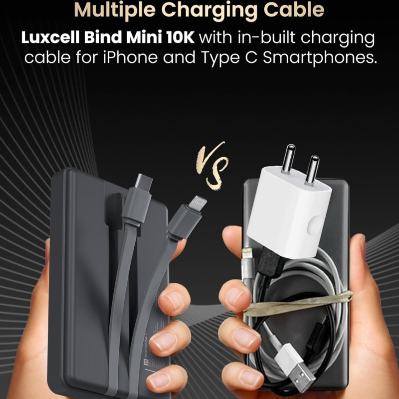 Portronics Luxcell Bind Mini 10k 10000mAh Nano Powerbank with 22.5W Fast Charging, in-Built Type C PD(Input & Output) /8 Pin Cable, LED Indicator, USB-A Mach Output, Compatible with Smartphones Portronics Luxcell Bind Mini 10k 10000mAh Nano Powerbank with 22.5W Fast Charging, in-Built Type C PD(Input & Output) /8 Pin Cable, LED Indicator, USB-A Mach Output, Compatible with Smartphones