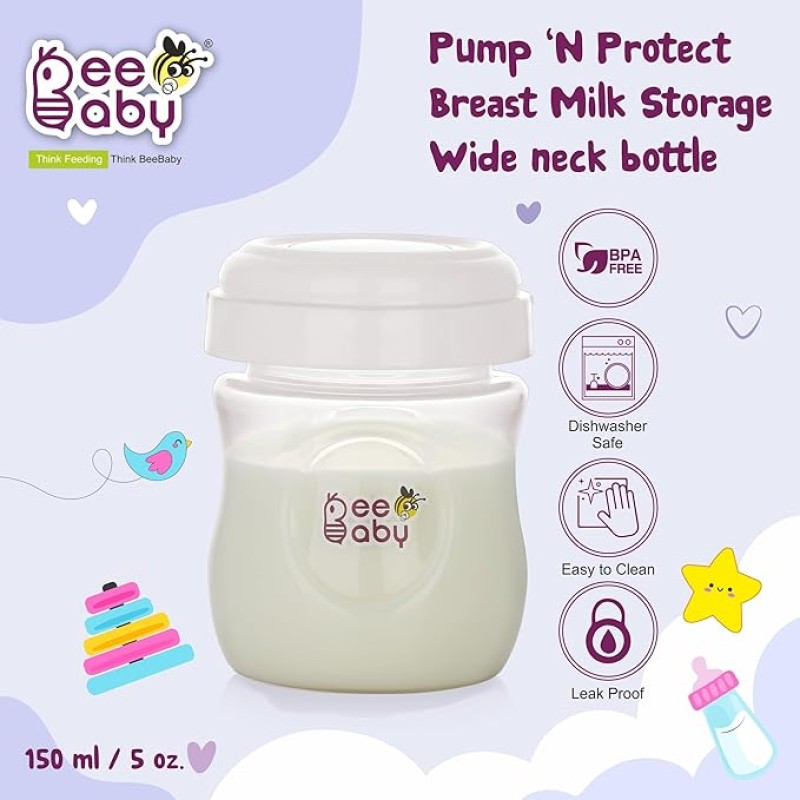 BeeBaby Pump N' Protect Breast Milk Storage Bottles. Pack of 3 Milk Collection Bottles fits Most Wide Neck Breast Pumps. 100% BPA Free. 150ML / 5oz. White