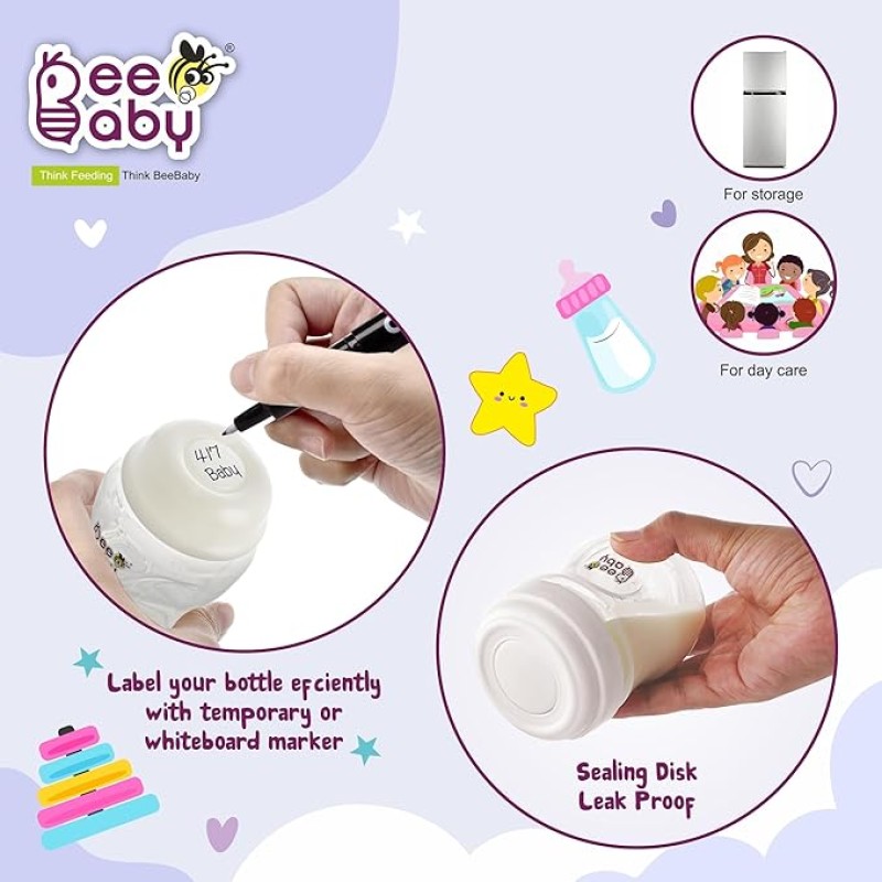 BeeBaby Pump N' Protect Breast Milk Storage Bottles. Pack of 3 Milk Collection Bottles fits Most Wide Neck Breast Pumps. 100% BPA Free. 150ML / 5oz. White