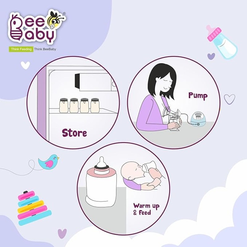 BeeBaby Pump N' Protect Breast Milk Storage Bottles. Pack of 3 Milk Collection Bottles fits Most Wide Neck Breast Pumps. 100% BPA Free. 150ML / 5oz. White