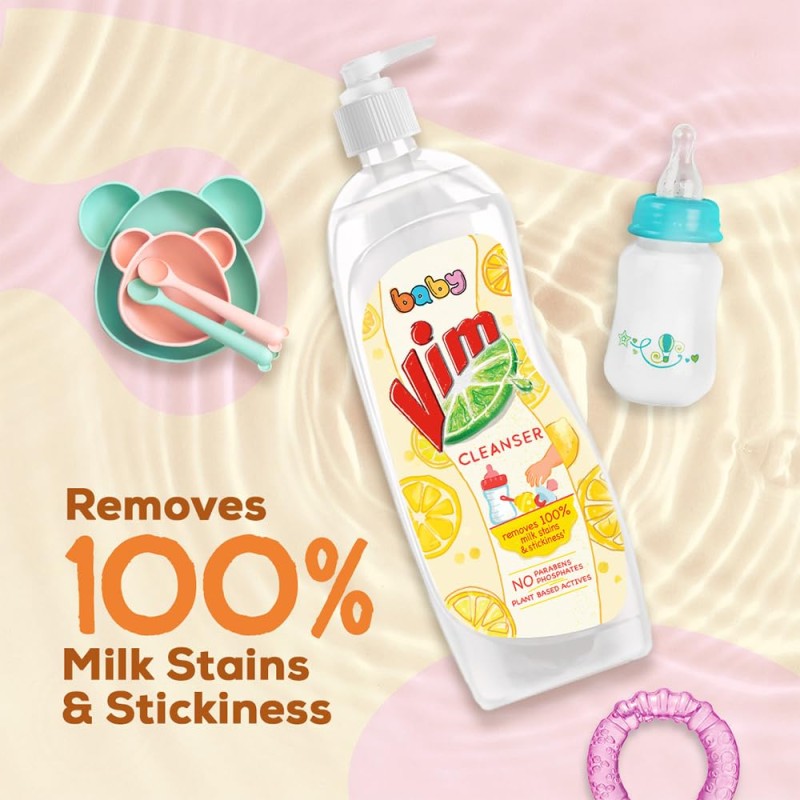 Vim Baby Dishwash Liquid, Removes 100 Milk Stains and Odours, Plant-Based actives, Paraben and Phosphate free, Safe for Child-Utensils, 500ml