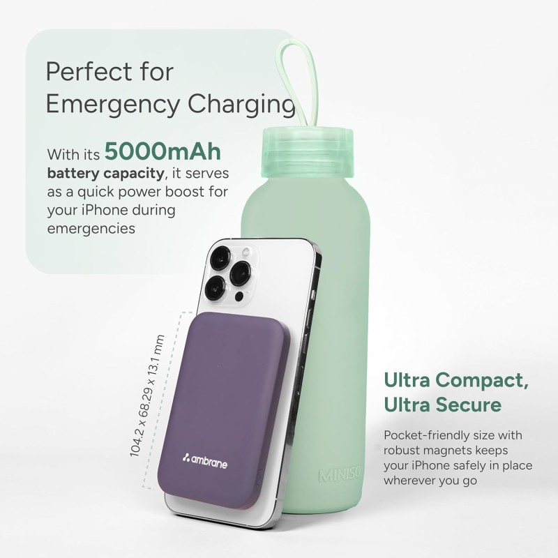 (Refurbished) Ambrane Newly Launched 5000Mah Magnetic Wireless Powerbank Slim Fast Charging with 20W Wired Output, 15W Wireless Output,for iPhone 12,13,14,15,16 Other Qi Devices + Magnetic Ring (PB 5S - Purple) (Refurbished) Ambrane Newly Launched 5000Mah Magnetic Wireless Powerbank Slim Fast Charging with 20W Wired Output, 15W Wireless Output,for iPhone 12,13,14,15,16 Other Qi Devices + Magnetic Ring (PB 5S - Purple)