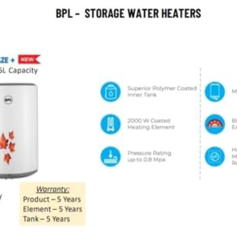 BPL 15L Storage Water Geyser Superior Polymer coated Tank Temperature Control Metal Body Advanced 4 Level Safety and 5 Star Rating for Energy Savings (15, Oval, 1, BPL - BLAZE+) BPL 15L Storage Water Geyser Superior Polymer coated Tank Temperature Control Metal Body Advanced 4 Level Safety and 5 Star Rating for Energy Savings (15, Oval, 1, BPL - BLAZE+)
