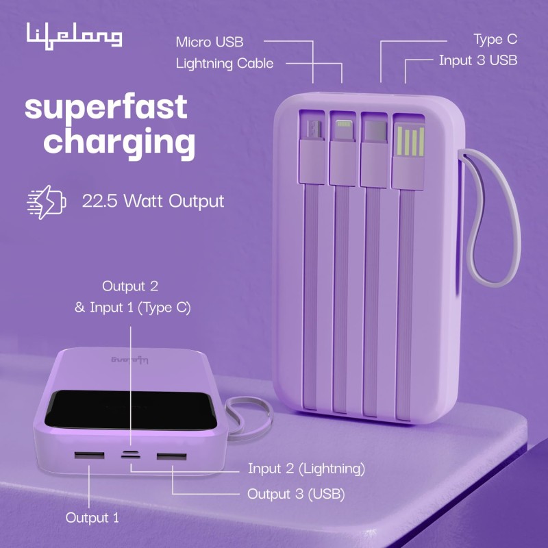 (Refurbished) Lifelong Electronics 20000mAh 22.5W Fast Charging Power Bank | 3 Inputs (1 Built-in USB A Cable + 1 C + 1 Lightning Port) & 6 Outputs (3 Built-in Cables + 1 C + 2 A Port) | Small Pocket Size Powerbank (Refurbished) Lifelong Electronics 20000mAh 22.5W Fast Charging Power Bank | 3 Inputs (1 Built-in USB A Cable + 1 C + 1 Lightning Port) & 6 Outputs (3 Built-in Cables + 1 C + 2 A Port) | Small Pocket Size Powerbank