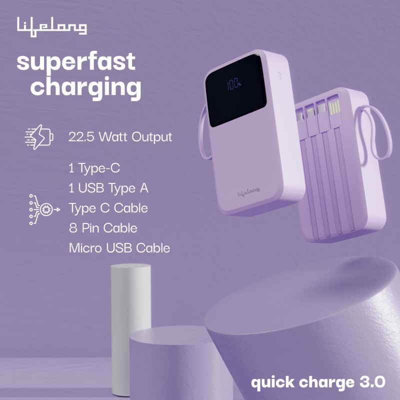 (Refurbished) Lifelong Electronics 20000mAh 22.5W Fast Charging Power Bank | 3 Inputs (1 Built-in USB A Cable + 1 C + 1 Lightning Port) & 6 Outputs (3 Built-in Cables + 1 C + 2 A Port) | Small Pocket Size Powerbank (Refurbished) Lifelong Electronics 20000mAh 22.5W Fast Charging Power Bank | 3 Inputs (1 Built-in USB A Cable + 1 C + 1 Lightning Port) & 6 Outputs (3 Built-in Cables + 1 C + 2 A Port) | Small Pocket Size Powerbank