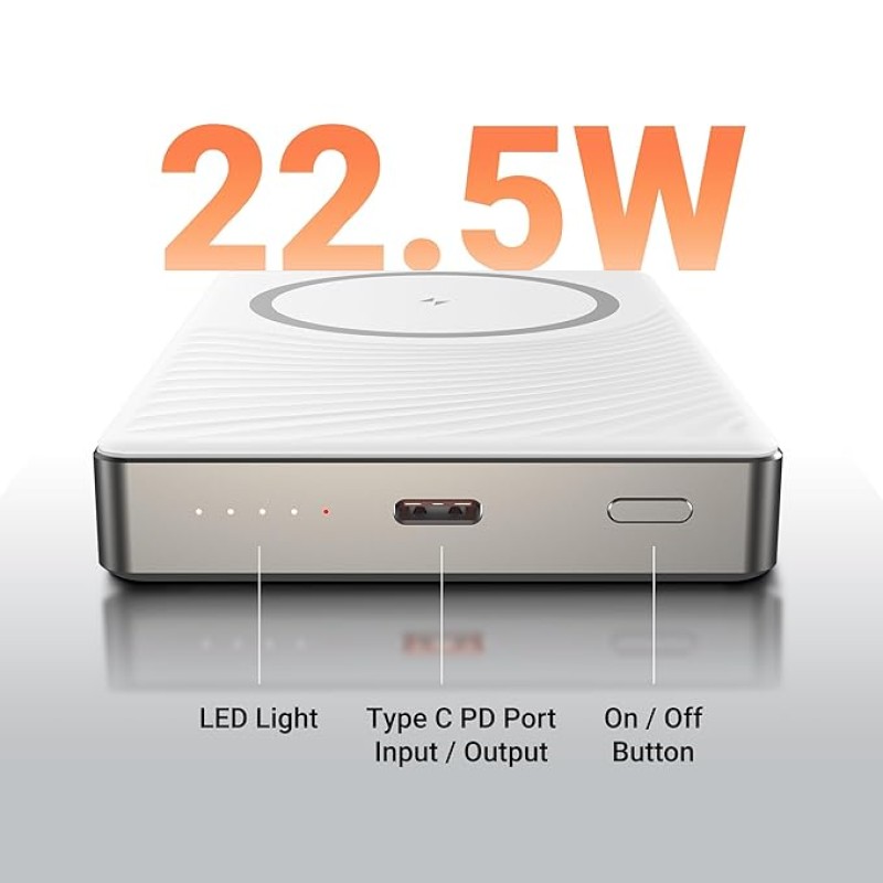 ZEBRONICS 10000 Mah Magsecure Power Bank, Fast USB Type C Charging 15W Wireless & 22.5W Wired, for iPhone 16,15,14,13,12, Android & Other Qi Enabled Devices, Compact Design (MW68, White)