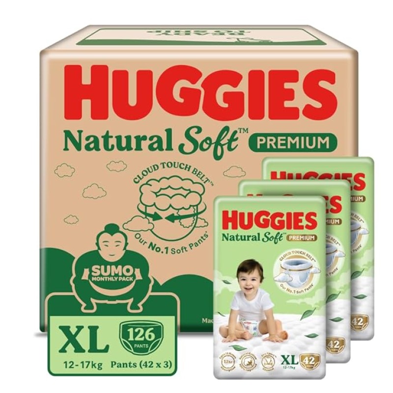 Huggies Natural Soft Premium Baby Diaper Pants, Our No.1 Soft Pants, Extra Large (XL) Size (12-17 Kgs), Sumo Pack of 126 diapers | Cloud Softness All over with India's 1st Cloud Touch BeltTM Huggies Natural Soft Premium Baby Diaper Pants, Our No.1 Soft Pants, Extra Large (XL) Size (12-17 Kgs), Sumo Pack of 126 diapers | Cloud Softness All over with India's 1st Cloud Touch BeltTM