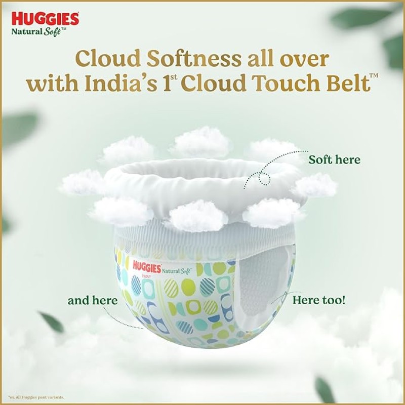Huggies Natural Soft Premium Baby Diaper Pants, Our No.1 Soft Pants, Newborn/Extra Small (XS) Size (0-5 Kgs), Pack of 76 | Cloud Softness All over with India's 1st Cloud Touch Belt Huggies Natural Soft Premium Baby Diaper Pants, Our No.1 Soft Pants, Newborn/Extra Small (XS) Size (0-5 Kgs), Pack of 76 | Cloud Softness All over with India's 1st Cloud Touch Belt