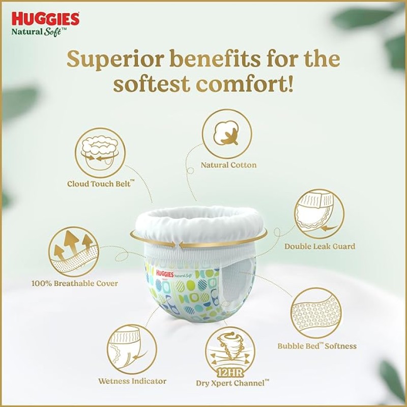 Huggies Natural Soft Premium Baby Diaper Pants, Our No.1 Soft Pants, Newborn/Extra Small (XS) Size (0-5 Kgs), Pack of 76 | Cloud Softness All over with India's 1st Cloud Touch Belt Huggies Natural Soft Premium Baby Diaper Pants, Our No.1 Soft Pants, Newborn/Extra Small (XS) Size (0-5 Kgs), Pack of 76 | Cloud Softness All over with India's 1st Cloud Touch Belt