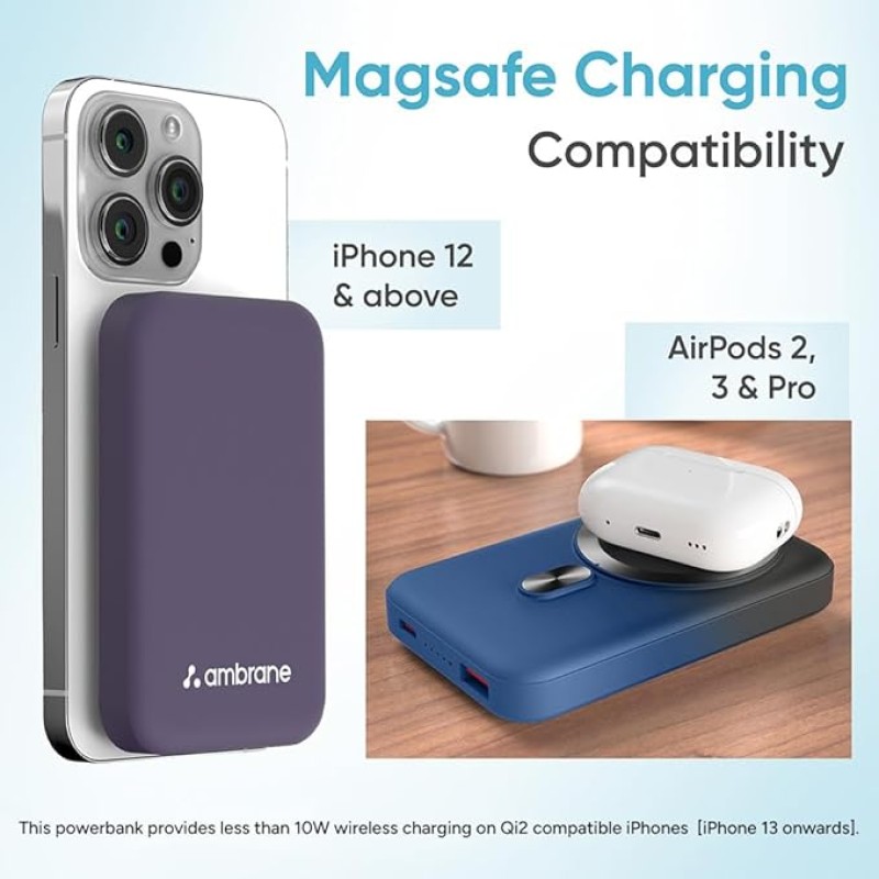 Ambrane Magsafe Wireless 10000Mah Fast Charging USB Type-C Input Power Bank, Strong Magnet, 22.5W Output For iPhone 12 & Above, Android & Other Qi Enabled Devices + Magnetic Ring (Aerosync Snap, Blue) Ambrane Magsafe Wireless 10000Mah Fast Charging USB Type-C Input Power Bank, Strong Magnet, 22.5W Output For iPhone 12 & Above, Android & Other Qi Enabled Devices + Magnetic Ring (Aerosync Snap, Blue)