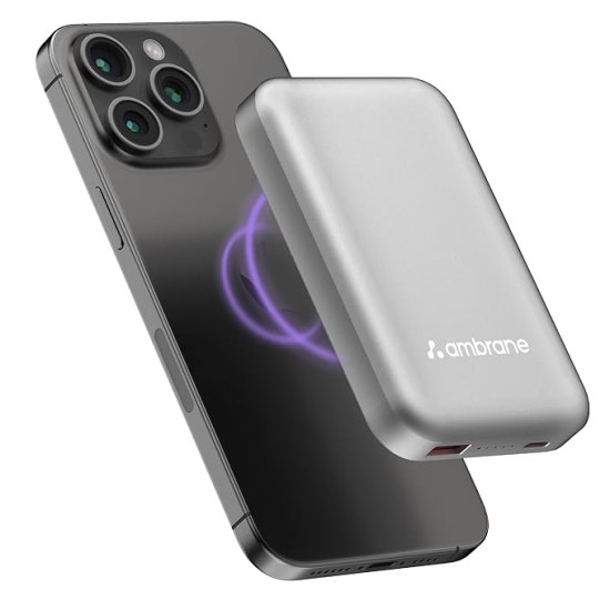 Ambrane Magsafe Wireless 10000Mah Fast Charging Power Bank,Strong Magnet,22.5W Output for iPhone 12 Back Cover & Above,Android & Other Qi Enabled Devices + Magnetic Ring (Aerosync Snap,Silver) Ambrane Magsafe Wireless 10000Mah Fast Charging Power Bank,Strong Magnet,22.5W Output for iPhone 12 Back Cover & Above,Android & Other Qi Enabled Devices + Magnetic Ring (Aerosync Snap,Silver)