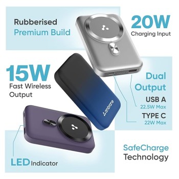 (Refurbished) Ambrane Magsafe Wireless 10000Mah Fast Charging Power Bank, Strong Magnet, Micro USB Input, 22.5W Output For Iphone 12 Above, Android and Other Qi Enabled Devices + Magnetic Ring (Aerosync Snap, Purple) (Refurbished) Ambrane Magsafe Wireless 10000Mah Fast Charging Power Bank, Strong Magnet, Micro USB Input, 22.5W Output For Iphone 12 Above, Android and Other Qi Enabled Devices + Magnetic Ring (Aerosync Snap, Purple)