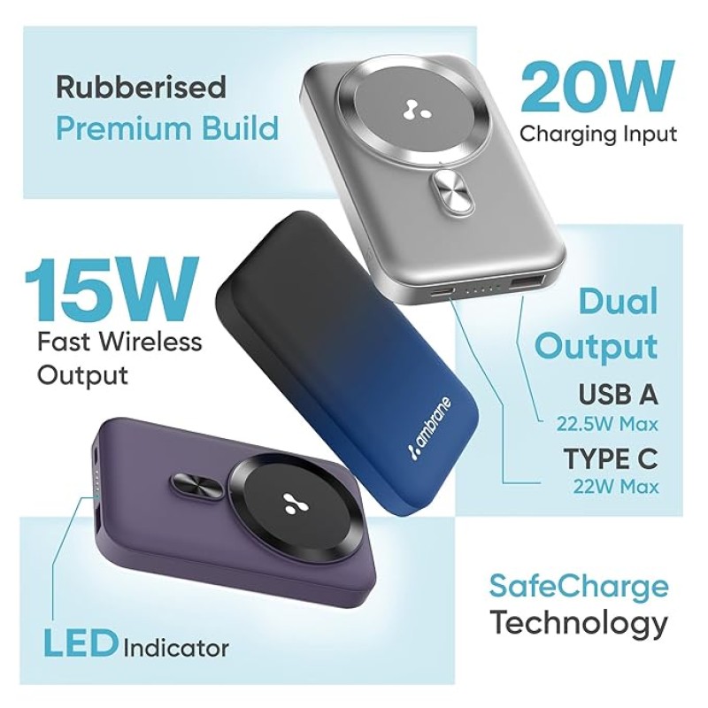 Ambrane Magsafe Wireless 10000Mah Fast Charging Power Bank, Strong Magnet, Micro USB Input, 22.5W Output For Iphone 12 Above, Android & Other Qi Enabled Devices + Magnetic Ring (Aerosync Snap, Purple) Ambrane Magsafe Wireless 10000Mah Fast Charging Power Bank, Strong Magnet, Micro USB Input, 22.5W Output For Iphone 12 Above, Android & Other Qi Enabled Devices + Magnetic Ring (Aerosync Snap, Purple)