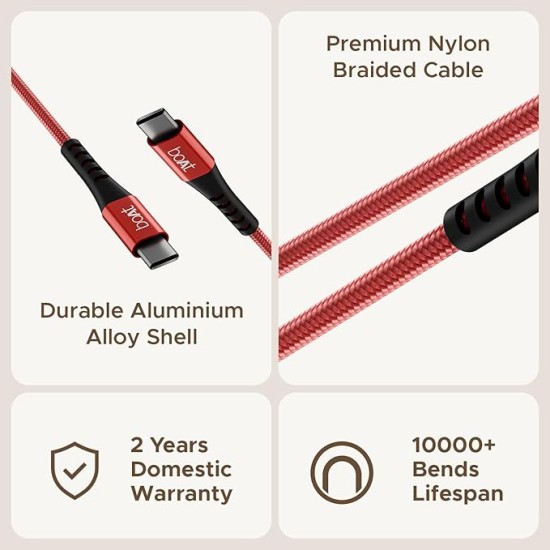 boAt Type-C C600 Tangle-Free, Sturdy Cable w/100W/5A Fast Charging Cable & 10Gbps Data Transmission,10000+ Bends Lifespan & Extended 1.5m Length,Compatible w/Xiaomi,Oneplus, Samsung, Vivo & Oppo(Red) boAt Type-C C600 Tangle-Free, Sturdy Cable w/100W/5A Fast Charging Cable & 10Gbps Data Transmission,10000+ Bends Lifespan & Extended 1.5m Length,Compatible w/Xiaomi,Oneplus, Samsung, Vivo & Oppo(Red)