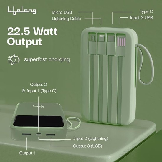 Lifelong Electronics 20000mAh 22.5W Fast Charging Power Bank | 3 Inputs (in-Built USB Cable + Lightning + Type-C Port) | 6 Outputs (3 in-Built Cables + 1 Type-C Port + 2 USB Ports) | QC 3.0 Powerbank