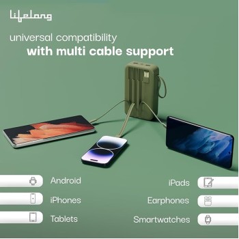 (Refurbished) Lifelong Electronics 20000mAh 22.5W Fast Charging Power Bank | 3 Inputs (1 Built-in USB A Cable + 1 C + 1 Lightning Port) & 6 Outputs (3 Built-in Cables + 1 C + 2 A Port) | Small Pocket Size Powerbank