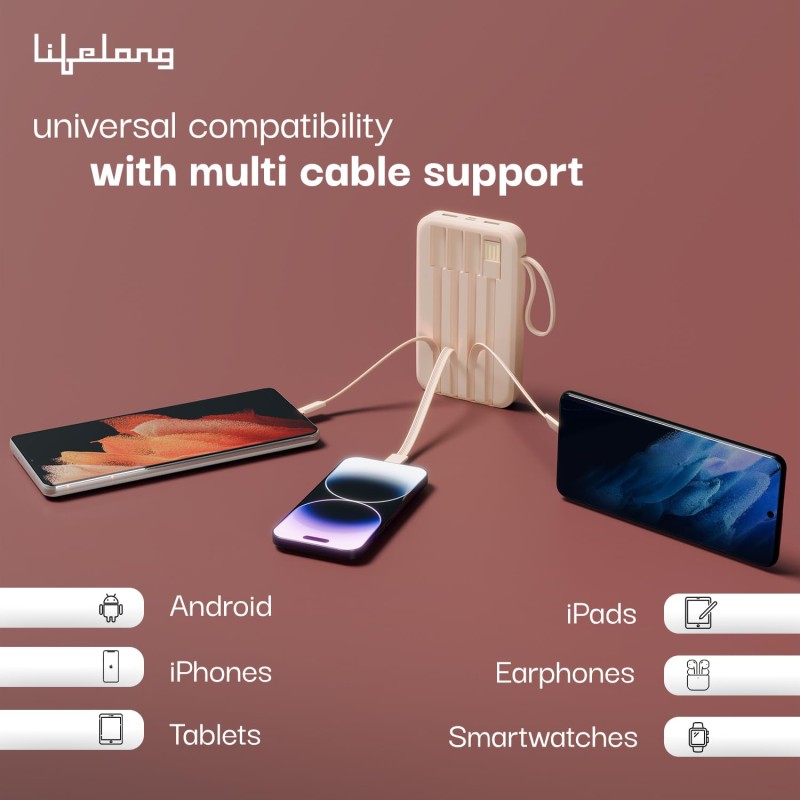 (Refurbished) Lifelong Electronics 10000mAh 22.5W Fast Charging Power Bank | 3 Inputs (1 Built-in USB A Cable + 1 C + 1 Lightning Port) & 6 Outputs (3 Built-in Cables + 1 C + 2 A Port) | Small Pocket Size Powerbank (Refurbished) Lifelong Electronics 10000mAh 22.5W Fast Charging Power Bank | 3 Inputs (1 Built-in USB A Cable + 1 C + 1 Lightning Port) & 6 Outputs (3 Built-in Cables + 1 C + 2 A Port) | Small Pocket Size Powerbank