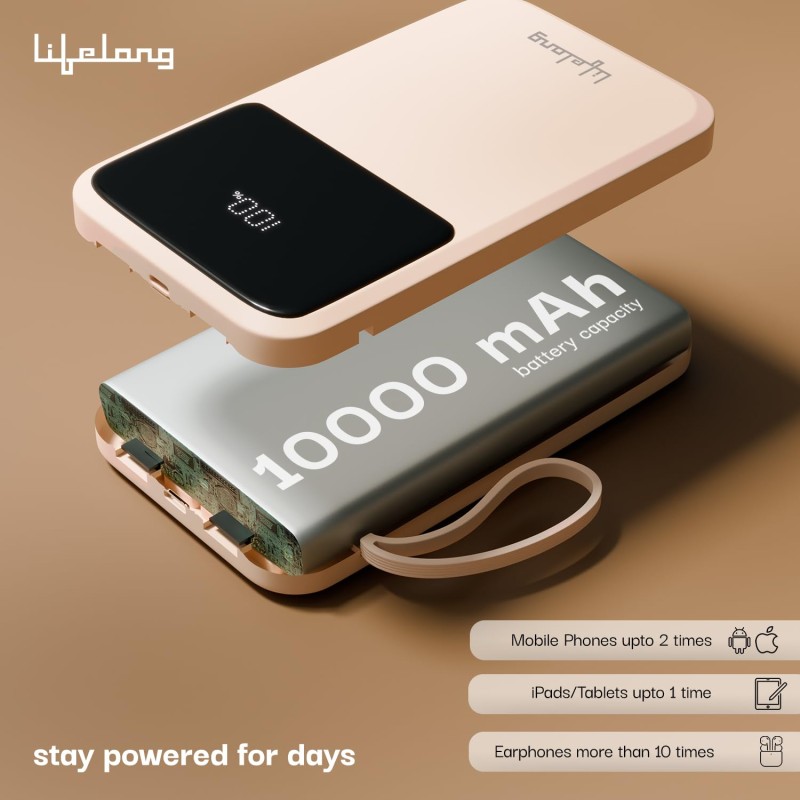 (Refurbished) Lifelong Electronics 10000mAh 22.5W Fast Charging Power Bank | 3 Inputs (1 Built-in USB A Cable + 1 C + 1 Lightning Port) & 6 Outputs (3 Built-in Cables + 1 C + 2 A Port) | Small Pocket Size Powerbank (Refurbished) Lifelong Electronics 10000mAh 22.5W Fast Charging Power Bank | 3 Inputs (1 Built-in USB A Cable + 1 C + 1 Lightning Port) & 6 Outputs (3 Built-in Cables + 1 C + 2 A Port) | Small Pocket Size Powerbank