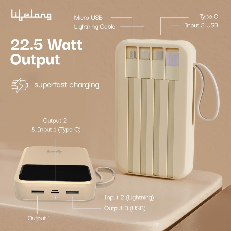 (Refurbished) Lifelong Electronics 10000mAh 22.5W Fast Charging Power Bank | 3 Inputs (1 Built-in USB A Cable + 1 C + 1 Lightning Port) & 6 Outputs (3 Built-in Cables + 1 C + 2 A Port) | Small Pocket Size Powerbank (Refurbished) Lifelong Electronics 10000mAh 22.5W Fast Charging Power Bank | 3 Inputs (1 Built-in USB A Cable + 1 C + 1 Lightning Port) & 6 Outputs (3 Built-in Cables + 1 C + 2 A Port) | Small Pocket Size Powerbank