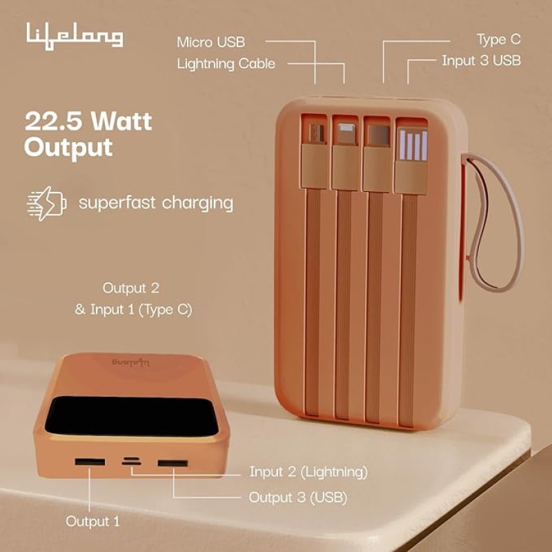 Lifelong Electronics 20000mAh 22.5W Fast Charging Power Bank | 3 Inputs (in-Built USB Cable + Lightning + Type-C Port) | 6 Outputs (3 in-Built Cables + 1 Type-C Port + 2 USB Ports) | QC 3.0 Powerbank Lifelong Electronics 20000mAh 22.5W Fast Charging Power Bank | 3 Inputs (in-Built USB Cable + Lightning + Type-C Port) | 6 Outputs (3 in-Built Cables + 1 Type-C Port + 2 USB Ports) | QC 3.0 Powerbank