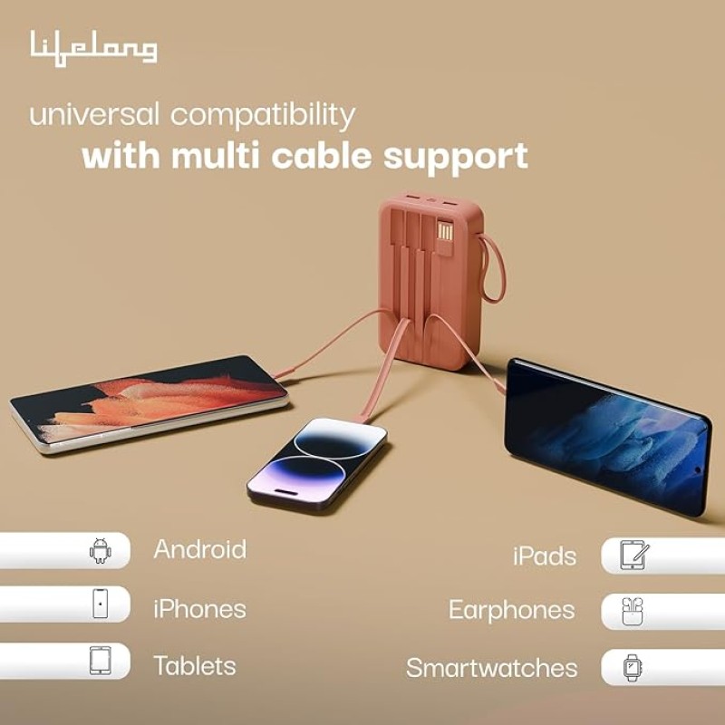 Lifelong Electronics 20000mAh 22.5W Fast Charging Power Bank | 3 Inputs (in-Built USB Cable + Lightning + Type-C Port) | 6 Outputs (3 in-Built Cables + 1 Type-C Port + 2 USB Ports) | QC 3.0 Powerbank Lifelong Electronics 20000mAh 22.5W Fast Charging Power Bank | 3 Inputs (in-Built USB Cable + Lightning + Type-C Port) | 6 Outputs (3 in-Built Cables + 1 Type-C Port + 2 USB Ports) | QC 3.0 Powerbank