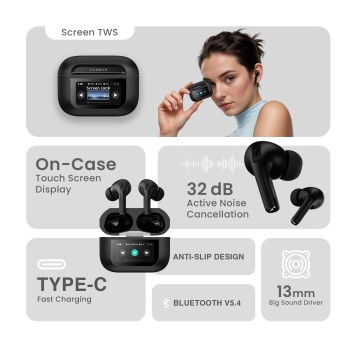 (Refurbished) HAMMER Screen TWS Earbuds Wireless with 13mm Drivers, ANC Ear Buds 32dB, up to 50H Playtime TWS Ear Buds, Type-C Fast Charging, BT v5.4, TWS with ANC Transparency & EQ Mode (Black) (Refurbished) HAMMER Screen TWS Earbuds Wireless with 13mm Drivers, ANC Ear Buds 32dB, up to 50H Playtime TWS Ear Buds, Type-C Fast Charging, BT v5.4, TWS with ANC Transparency & EQ Mode (Black)