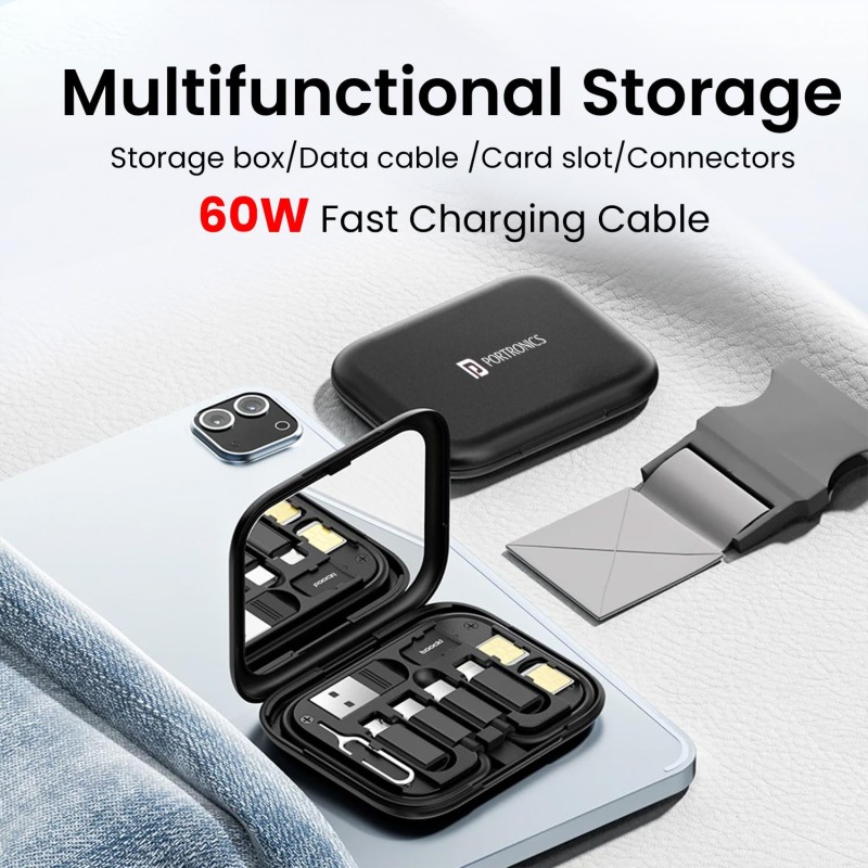 (Refurbished) Portronics Snapcase 60W Multifunctional Fast Charging Data Cable Kit, Conversion Set USB A & Type C to Male Micro/Type C/Lightning,Data Transfer,Sim Storage,Sim Eject Pin,Pocket Mirror,Phone Holder (Refurbished) Portronics Snapcase 60W Multifunctional Fast Charging Data Cable Kit, Conversion Set USB A & Type C to Male Micro/Type C/Lightning,Data Transfer,Sim Storage,Sim Eject Pin,Pocket Mirror,Phone Holder