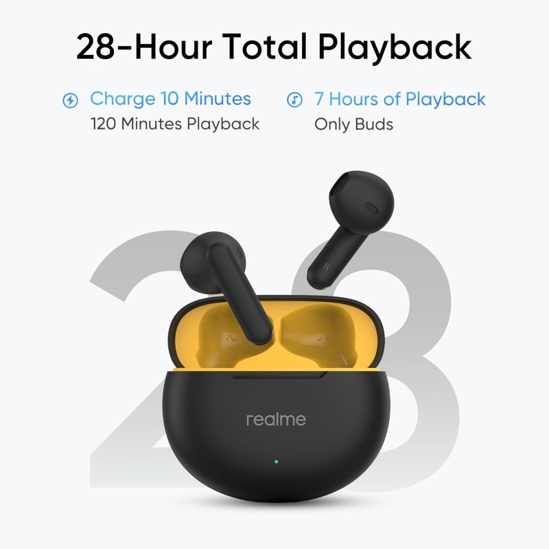 (Refurbished) realme Buds T01 Truly Wireless in Ear Earbuds with AI ENC for Calls, 13mm Dynamic Driver, Upto 28Hrs Battery,88mm Latency,Bluetooth V5.4 & Google Fast Pair (Black) (Refurbished) realme Buds T01 Truly Wireless in Ear Earbuds with AI ENC for Calls, 13mm Dynamic Driver, Upto 28Hrs Battery,88mm Latency,Bluetooth V5.4 & Google Fast Pair (Black)
