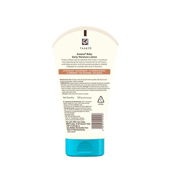 Aveeno Baby Daily Moisture Lotion 100g with Oat Flour, Glycerin, and dimethicone | Hypoallergenic, Fragrance-Free, Pediatrician Recommended | Nourishes, soothes, & Protects Baby's Sensitive Skin