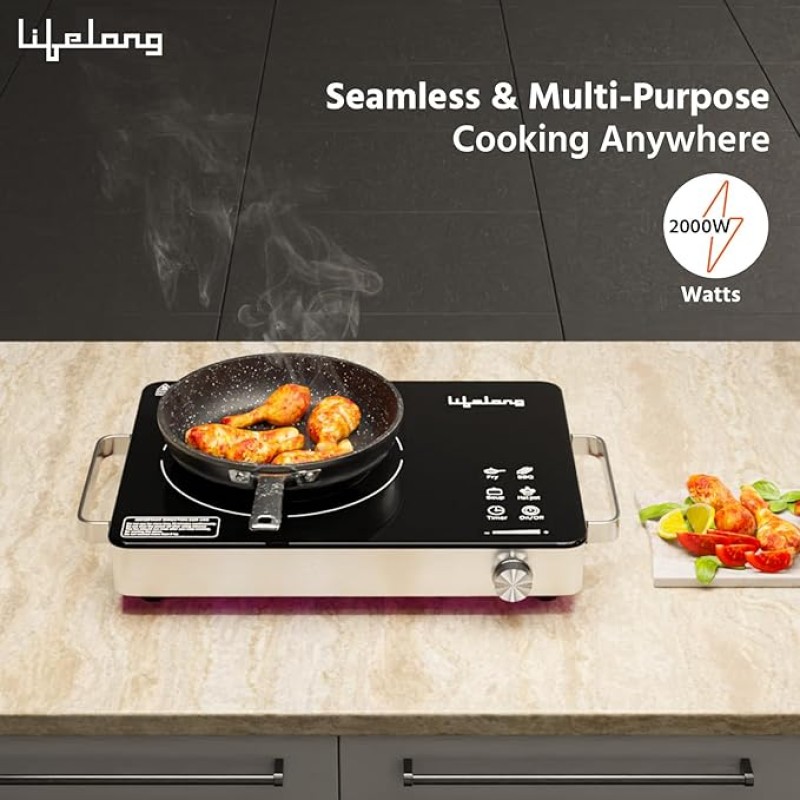 Lifelong 2000 Watt Infrared Induction Stove with Digital Display - Surge Protection, Electric Induction, 4 Cooking Modes, Auto Shut Off & Temperature Control with Voltage Protection