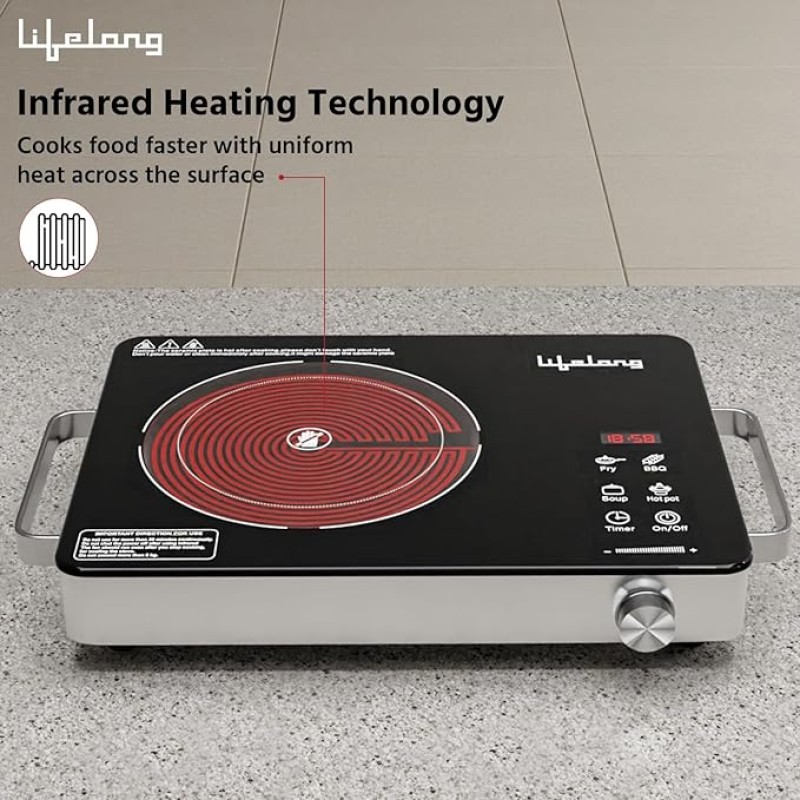 Lifelong 2000 Watt Infrared Induction Stove with Digital Display - Surge Protection, Electric Induction, 4 Cooking Modes, Auto Shut Off & Temperature Control with Voltage Protection