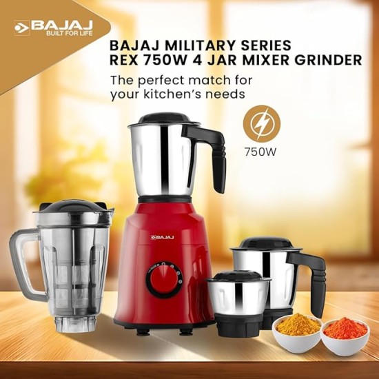 Bajaj Military Series Rex 750W 4 Jar Mixer Grinder | DuraCut Blades | 2-In-1 Function Blade In Dry Jar | 2 Yrs Warranty 【Red/Black】