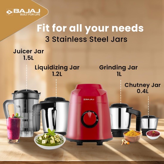 Bajaj Military Series Rex 750W 4 Jar Mixer Grinder | DuraCut Blades | 2-In-1 Function Blade In Dry Jar | 2 Yrs Warranty 【Red/Black】