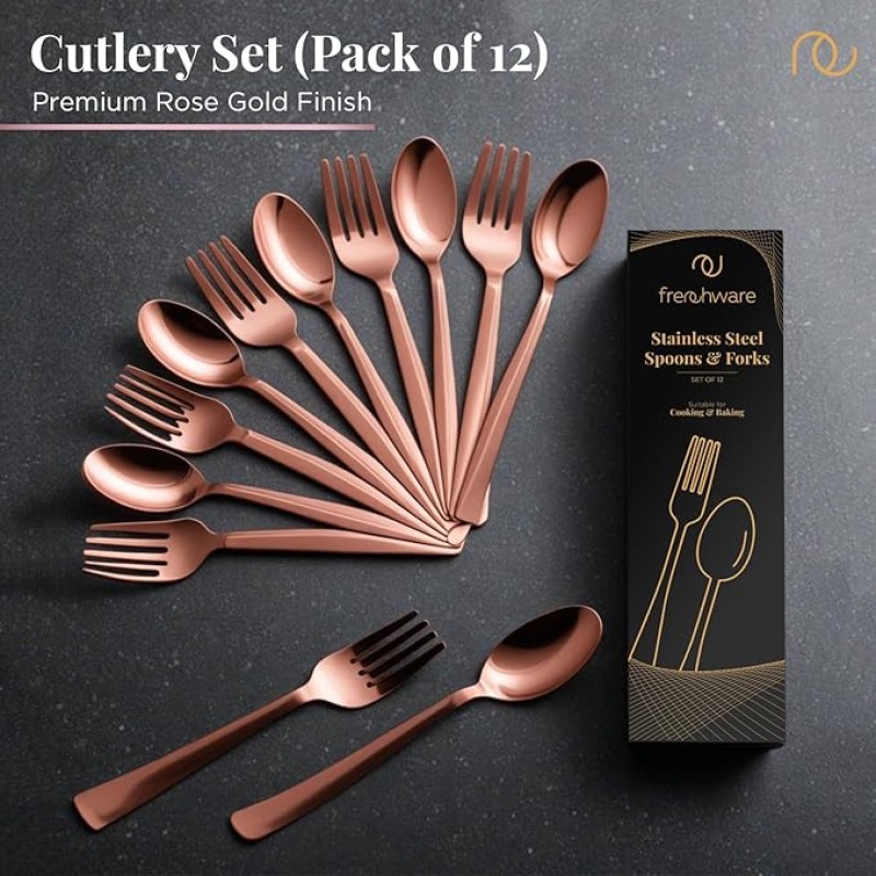 Cutlery (Set of 12, Stainless Steel PVD Rose Gold Spoons - 6 and Forks - 6), 100% Food Grade, Non Toxic, Anti-Rust, Dishwasher Safe, Perfect Gifting Set for All Occasions Cutlery (Set of 12, Stainless Steel PVD Rose Gold Spoons - 6 and Forks - 6), 100% Food Grade, Non Toxic, Anti-Rust, Dishwasher Safe, Perfect Gifting Set for All Occasions