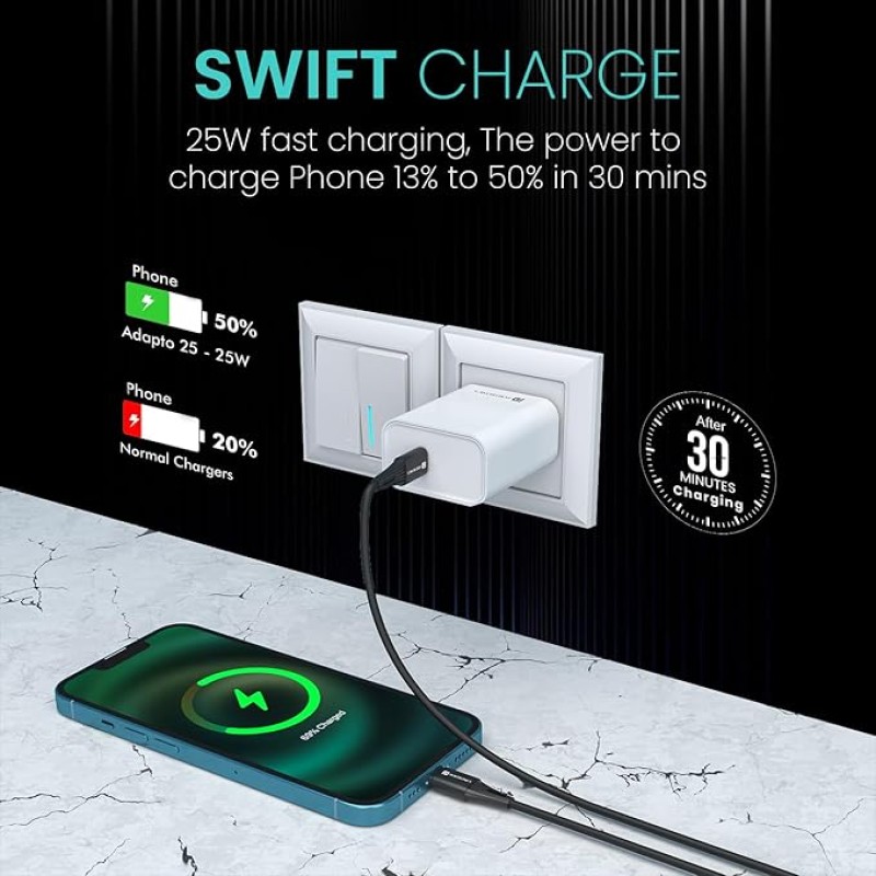 Portronics Adapto 25 25W Super Fast Type C PD Wall Charger for iPhone 15/14/13/12/11 All Pro,Max Series, Samsung Galaxy S/A/M/F Series & Other Type C Devices, PPS Protection,Fast Charging Adaptor