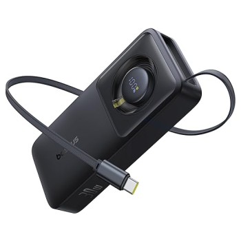 Baseus Free2Pull 10000mAh 30W Fast Charging Power Bank � Built-in Retractable USB-C Cable, Digital Display, Compact Design � Cosmic Black