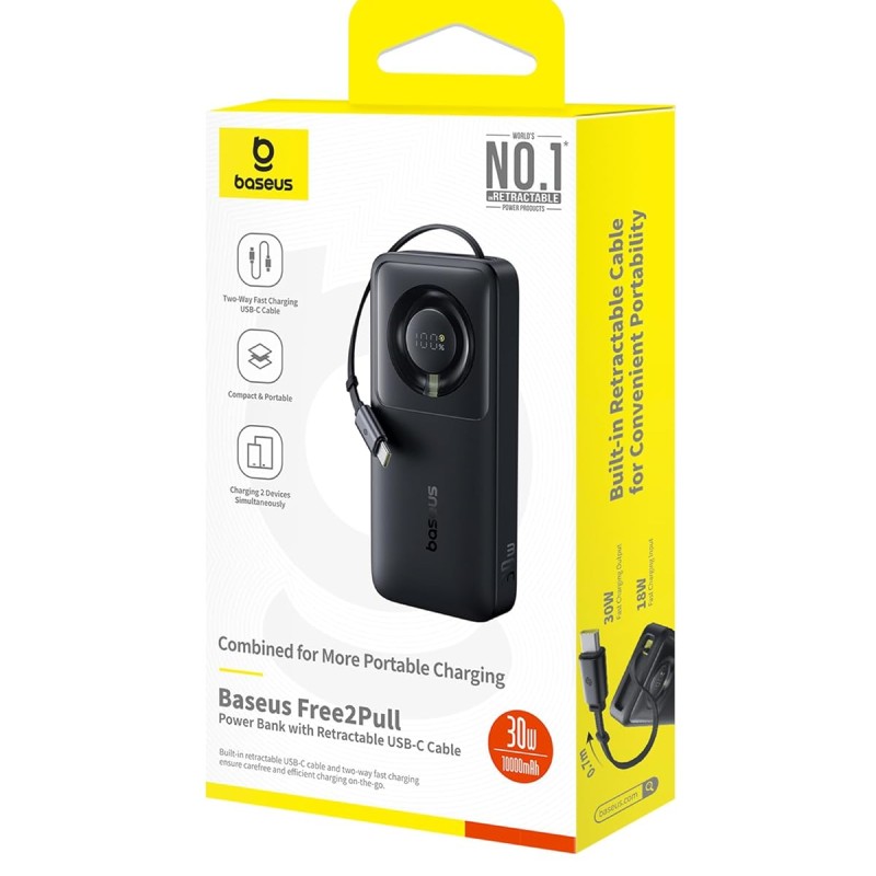 Baseus Free2Pull 10000mAh 30W Fast Charging Power Bank � Built-in Retractable USB-C Cable, Digital Display, Compact Design � Cosmic Black Baseus Free2Pull 10000mAh 30W Fast Charging Power Bank � Built-in Retractable USB-C Cable, Digital Display, Compact Design � Cosmic Black