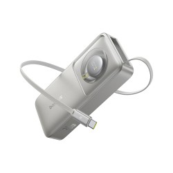 Baseus Free2Pull 10000mAh 30W Portable Power Bank – Built-in Retractable USB-C Cable, Digital Display, PD Fast Charging – Lunar Gray