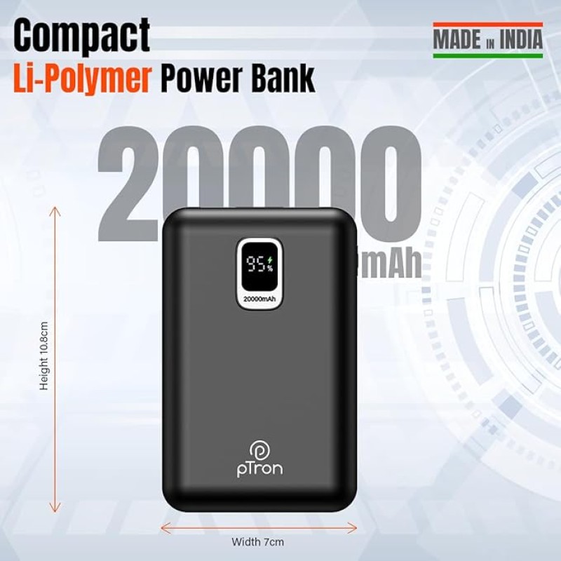 pTron Dynamo Ultra 20000mAh Power Bank, 22.5W Superfast Charging, Compact Size, Type-C/PD 20W Fast Charging, Supports VOOC/Wrap/Dash/Quick Charge Protocols, 3 Output Ports, Type-C Input/Output (Black) pTron Dynamo Ultra 20000mAh Power Bank, 22.5W Superfast Charging, Compact Size, Type-C/PD 20W Fast Charging, Supports VOOC/Wrap/Dash/Quick Charge Protocols, 3 Output Ports, Type-C Input/Output (Black)