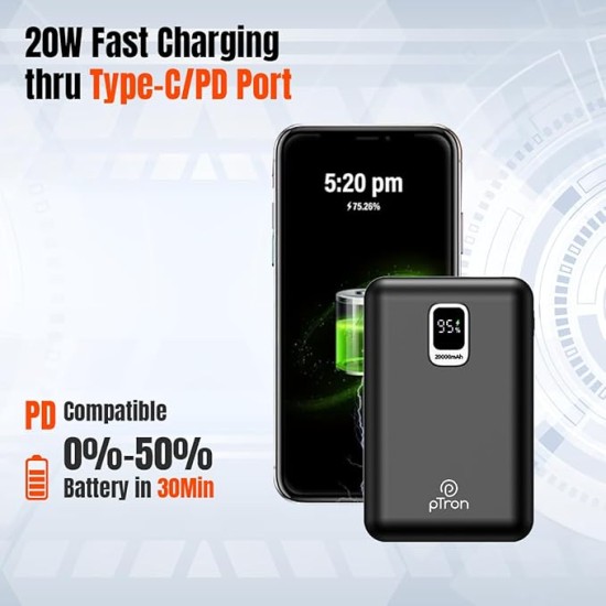 pTron Dynamo Ultra 20000mAh Power Bank, 22.5W Superfast Charging, Compact Size, Type-C/PD 20W Fast Charging, Supports VOOC/Wrap/Dash/Quick Charge Protocols, 3 Output Ports, Type-C Input/Output (Black) pTron Dynamo Ultra 20000mAh Power Bank, 22.5W Superfast Charging, Compact Size, Type-C/PD 20W Fast Charging, Supports VOOC/Wrap/Dash/Quick Charge Protocols, 3 Output Ports, Type-C Input/Output (Black)