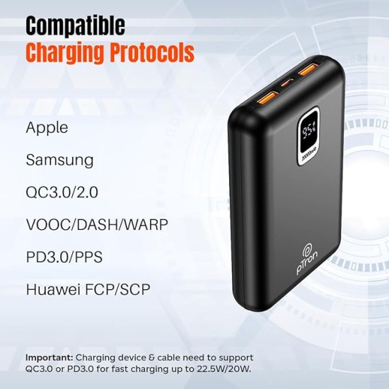 pTron Dynamo Ultra 20000mAh Power Bank, 22.5W Superfast Charging, Compact Size, Type-C/PD 20W Fast Charging, Supports VOOC/Wrap/Dash/Quick Charge Protocols, 3 Output Ports, Type-C Input/Output (Black) pTron Dynamo Ultra 20000mAh Power Bank, 22.5W Superfast Charging, Compact Size, Type-C/PD 20W Fast Charging, Supports VOOC/Wrap/Dash/Quick Charge Protocols, 3 Output Ports, Type-C Input/Output (Black)