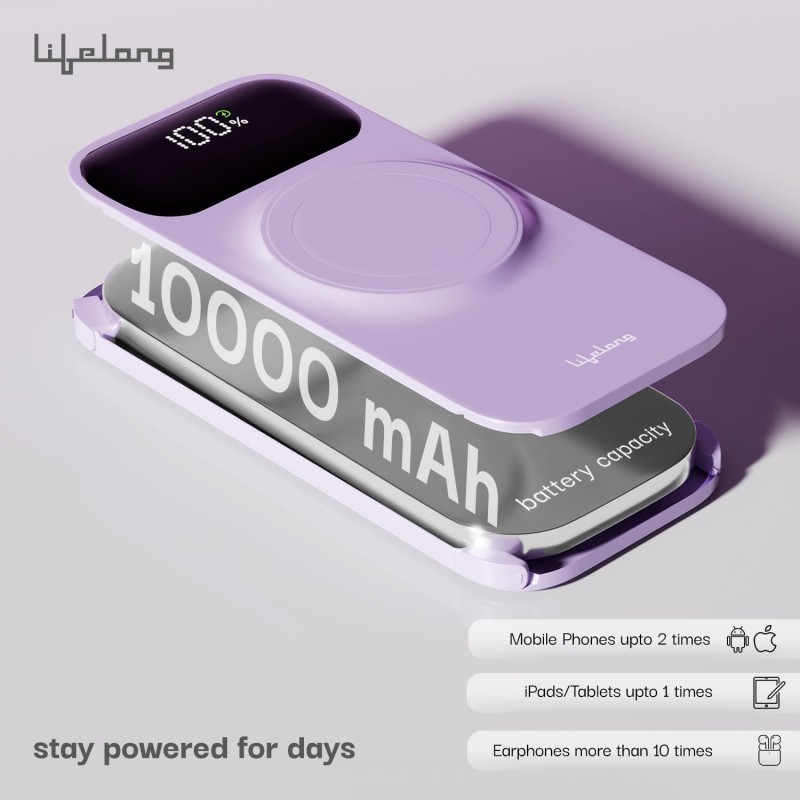 (Refurbished) Lifelong Electronics 10000mAh MagSafe Wireless Fast Charging Power Bank | iPhone & All Wireless Enabled Phone | Type C Input | 3 Outputs | 2 in-Built Cables | 15W Wireless | QC 3.0 Powerbank (Purple) (Refurbished) Lifelong Electronics 10000mAh MagSafe Wireless Fast Charging Power Bank | iPhone & All Wireless Enabled Phone | Type C Input | 3 Outputs | 2 in-Built Cables | 15W Wireless | QC 3.0 Powerbank (Purple)