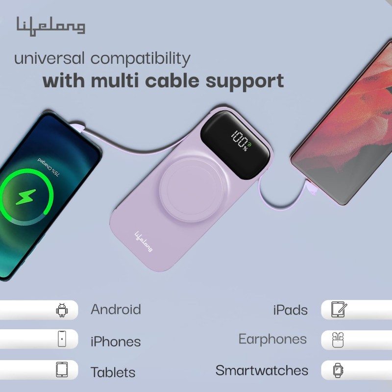 (Refurbished) Lifelong Electronics 10000mAh MagSafe Wireless Fast Charging Power Bank | iPhone & All Wireless Enabled Phone | Type C Input | 3 Outputs | 2 in-Built Cables | 15W Wireless | QC 3.0 Powerbank (Purple) (Refurbished) Lifelong Electronics 10000mAh MagSafe Wireless Fast Charging Power Bank | iPhone & All Wireless Enabled Phone | Type C Input | 3 Outputs | 2 in-Built Cables | 15W Wireless | QC 3.0 Powerbank (Purple)