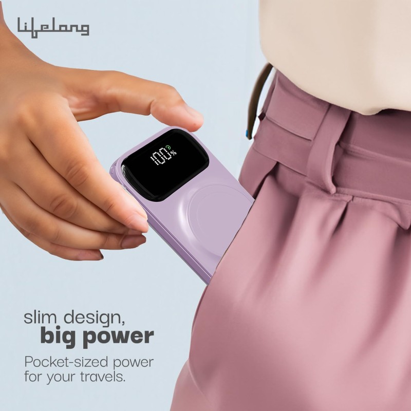(Refurbished) Lifelong Electronics 10000mAh MagSafe Wireless Fast Charging Power Bank | iPhone & All Wireless Enabled Phone | Type C Input | 3 Outputs | 2 in-Built Cables | 15W Wireless | QC 3.0 Powerbank (Purple) (Refurbished) Lifelong Electronics 10000mAh MagSafe Wireless Fast Charging Power Bank | iPhone & All Wireless Enabled Phone | Type C Input | 3 Outputs | 2 in-Built Cables | 15W Wireless | QC 3.0 Powerbank (Purple)