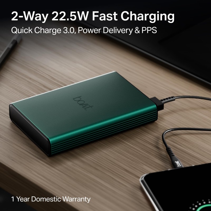 (Refurbished) Boat Energyshroom PB300 Pro 10000 mAh 22.5W Pocket Size, Compact Power Bank, Fast Charging (2X Output Ports, Supports Android, iPhone, Tablets, Earbuds, etc.) (Emerald Green), USB Type C (Refurbished) Boat Energyshroom PB300 Pro 10000 mAh 22.5W Pocket Size, Compact Power Bank, Fast Charging (2X Output Ports, Supports Android, iPhone, Tablets, Earbuds, etc.) (Emerald Green), USB Type C