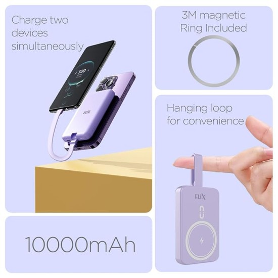 FLiX (Beetel) MagConnect Pro 10k 15W Magnetic Wireless Output,22.5W QC/PD/PPS Pocket Power Bank,Inbuilt Type C & Lightning Reversable cable Input/Output,LED Display,Perfect for iPhone 12,13,14(Purple)